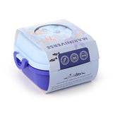 Angled view of a blue and purple Bento clip lock snack lunch box, displayed in its light blue retail packaging with a 'Mariniverse' marine life design.