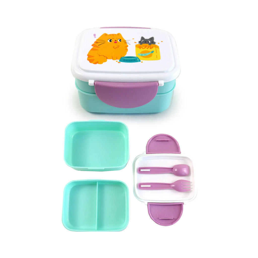 Light blue and white bento clip lock lunch box with 'Beans & Co Cats' design. The image shows the box assembled, and then its disassembled components including internal compartments, a purple spoon, and a purple fork.