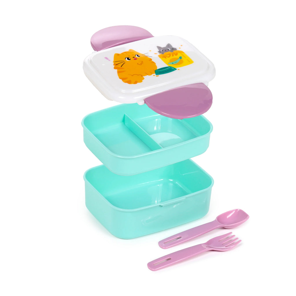 Angled view of a Bento clip lock lunch box, featuring two stacked teal blue compartments, a white lid with a colourful illustration of orange and grey cats, and separate pink spoon and fork cutlery.