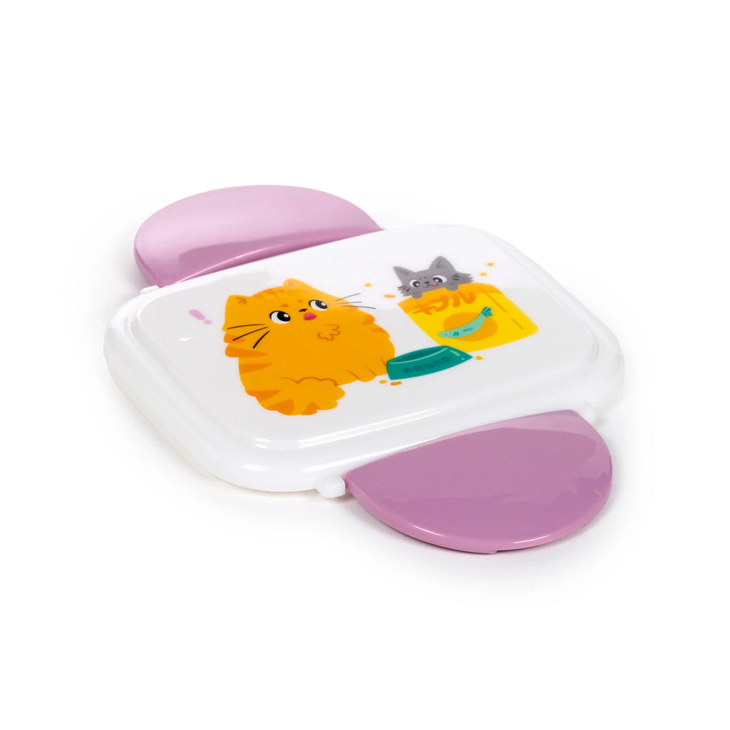 Angled view of a white bento clip lock lunch box with purple clip lock tabs, featuring a colourful 'Beans & Co Cats' illustration of an orange cat and a grey cat on the lid.