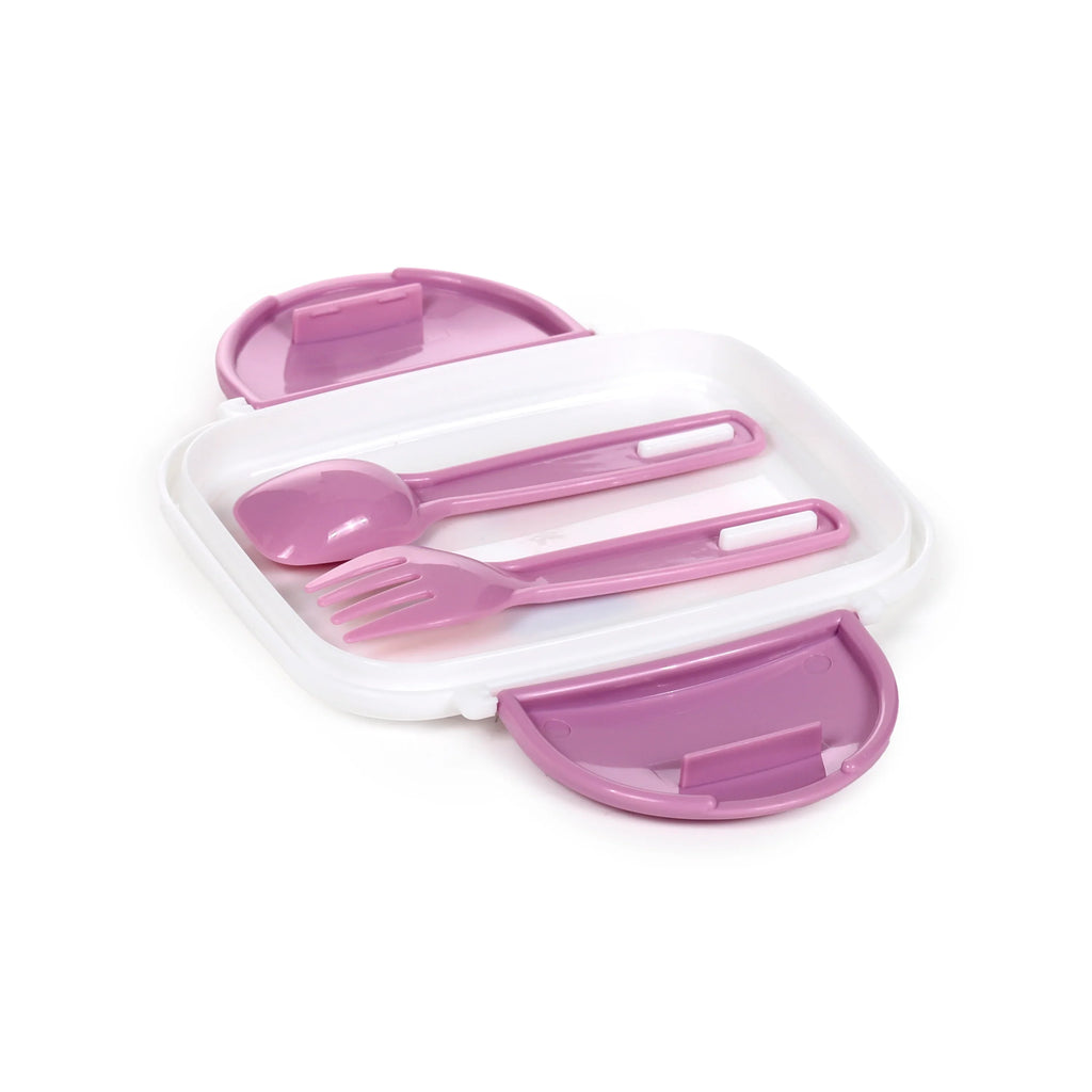 Open white and purple bento clip lock lunch box, with a purple fork and spoon visible inside, shown from an angled view with the lid's clips unfastened.