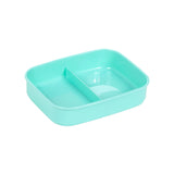 Angled view of an empty light blue plastic bento lunch box base with two internal compartments.