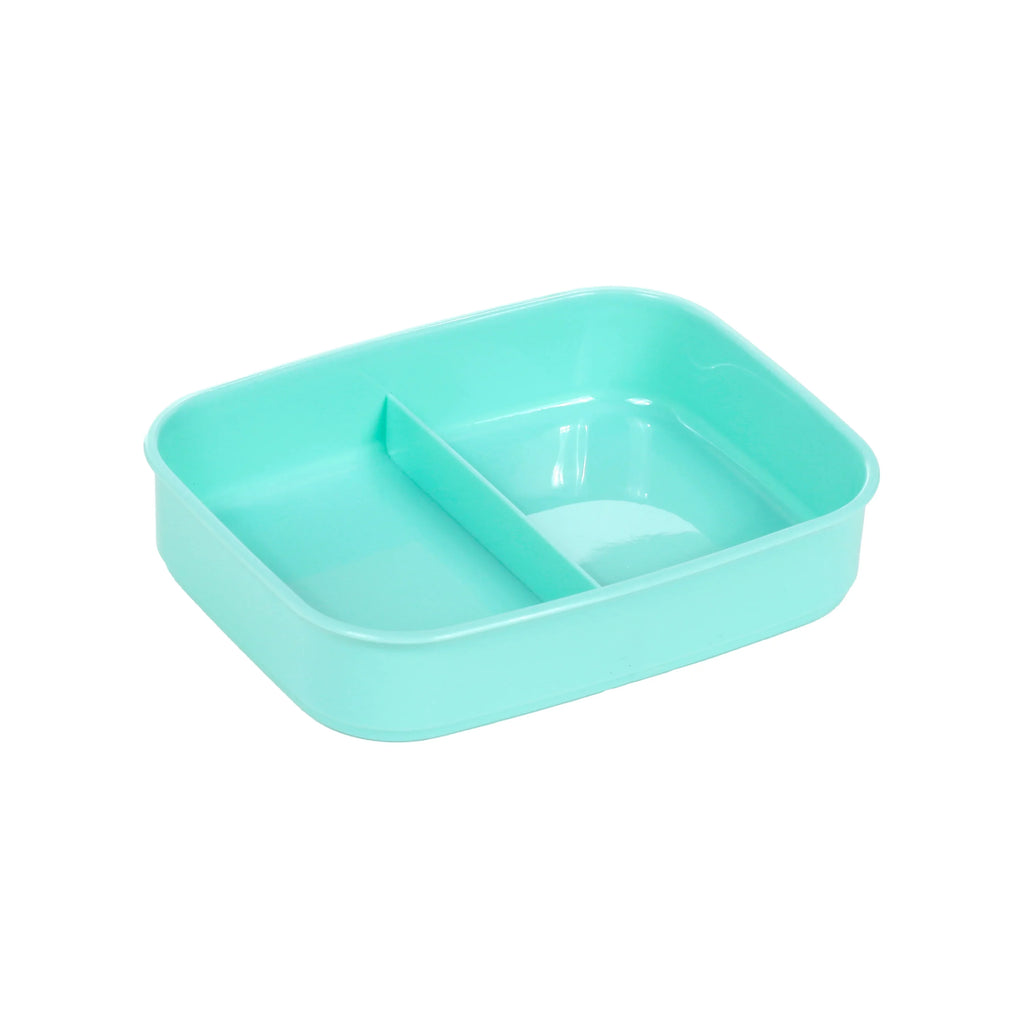 Angled view of an empty light blue plastic bento lunch box base with two internal compartments.