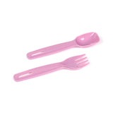 Angled view of a pink plastic spoon and fork with slotted handles.