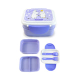 Purple and white Moomin bento clip lock lunch box, showing assembled view with character-printed lid, and disassembled view with internal compartments and purple spoon and fork.