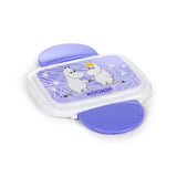 Angled view of a white and purple clip lock lunch box, with a Moomin illustration of two characters holding hands on the lid, surrounded by hearts and abstract lines.