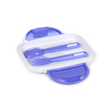 Angled view of an open white and purple clip lock lunch box, showing a matching purple spoon and fork set inside.