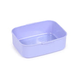 Angled view of an empty, pale purple rectangular plastic lunch box base, showing its smooth interior on a white background.