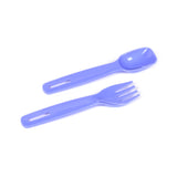 Angled view of the light purple plastic spoon and fork with long slotted handles, part of a bento lunch box cutlery set, on a white background.