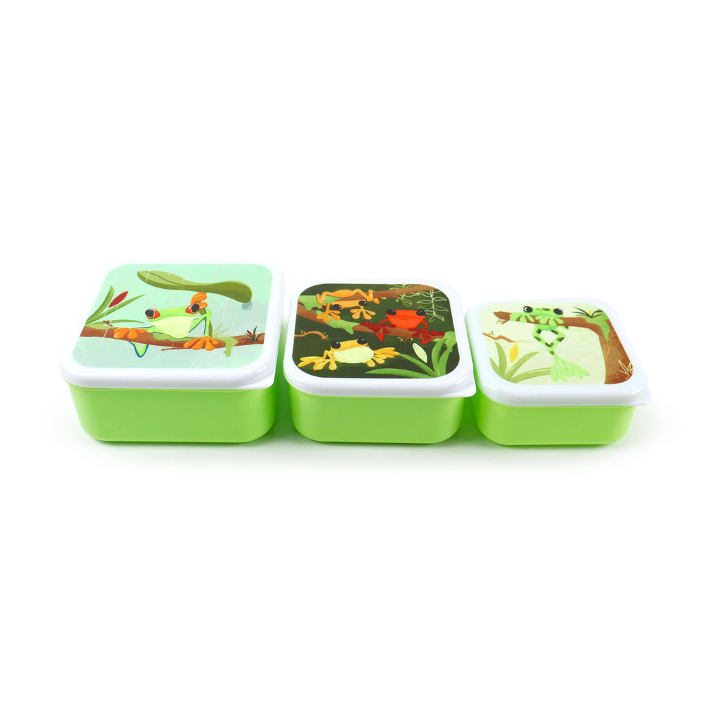 Angled view of a set of three green lunch boxes of varying sizes, with white lids each featuring a different tropical tree frog design, displayed in a row on a white background.