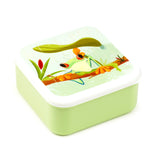Angled view of a light green lunch box with a white lid, featuring a colourful illustration of a tropical tree frog on a branch with leaves and raindrops.