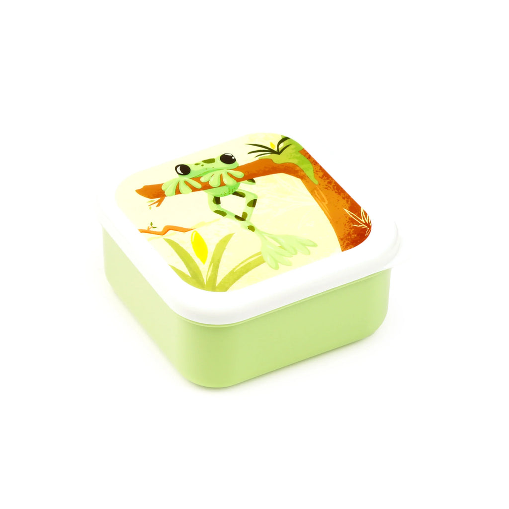Angled view of a light green lunch box with a white lid, featuring a colourful illustration of a green tropical tree frog on an orange branch.