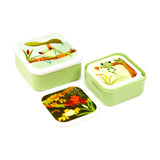 Angled view of a set of three varying-sized green lunch boxes, with vibrant tropical tree frog illustrations on their lids. One smallest box has its lid removed, showing a frog design.