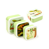 Angled view of three light green lunch boxes with white lids, a set of different sizes, each decorated with a tropical tree frog illustration. The largest box is visible with its paper packaging.