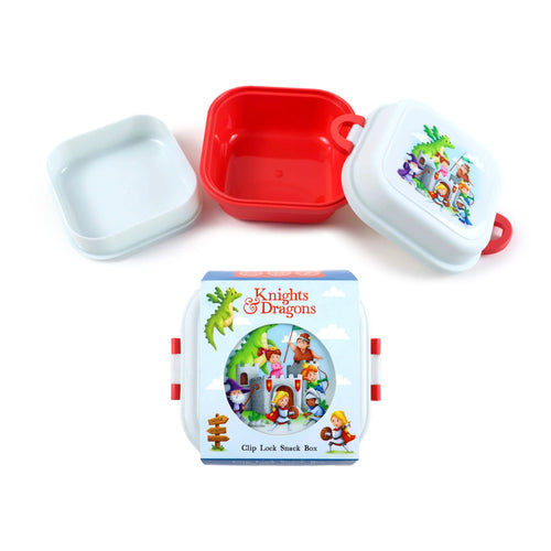 White and red clip lock snack lunch box, presented both disassembled showing a red base and white lid with a colourful Knights & Dragons illustration, and in its front-facing packaging.