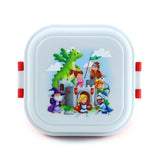 Overhead view of a square, white bento clip lock snack lunch box, featuring a colourful illustration of a green dragon, castle, wizard, princess, and knights on its lid, with red side clips.