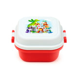 Front view of a red and white bento clip lock lunch box, with a colourful lid illustration depicting a green dragon, castle, knights, wizard, and princesses.