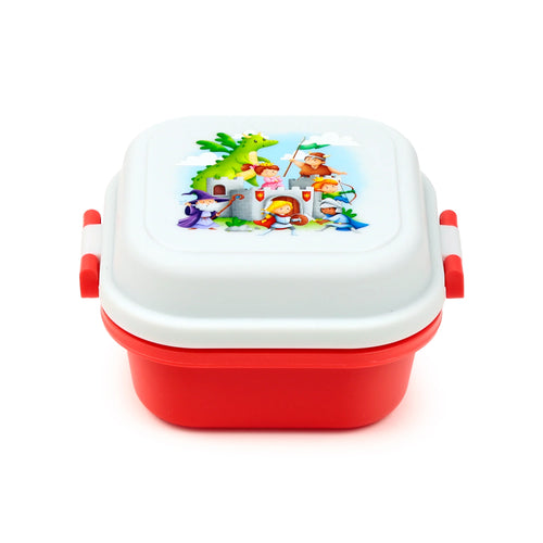 Front view of a red and white bento clip lock lunch box, with a colourful lid illustration depicting a green dragon, castle, knights, wizard, and princesses.