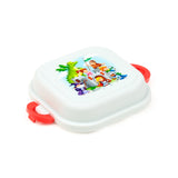 Angled view of a white bento lunch box with red clip locks, depicting a colourful knights and dragons scene on the lid.