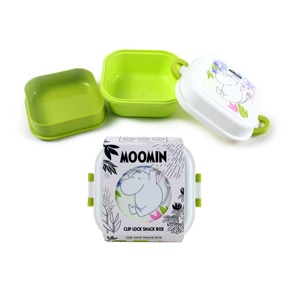 Front view of a white Moomin bento clip lock snack lunch box in packaging, displayed alongside its disassembled lime green base, inner compartment, and white lid featuring a Moomin character and colourful floral pattern.