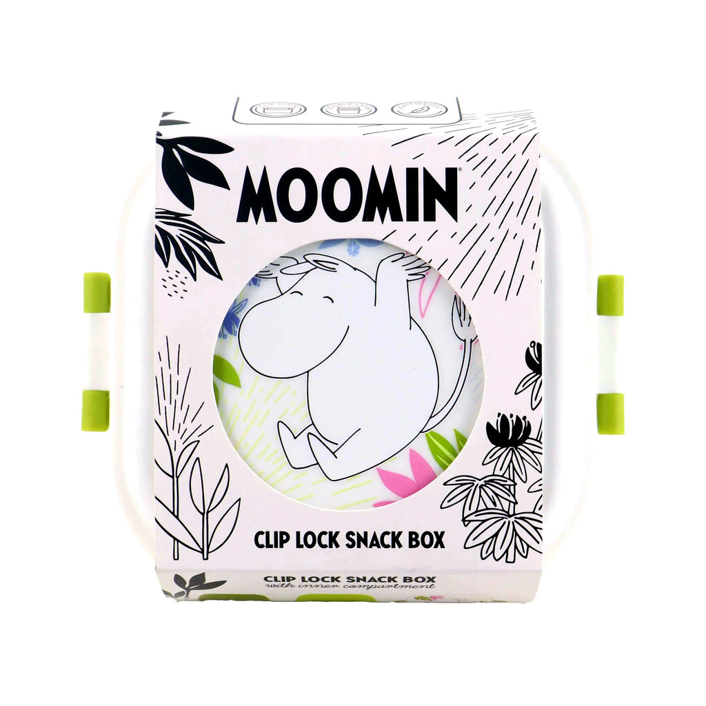 Front view of a Bento clip lock snack lunch box in white packaging depicting a Moomin character and colourful leaf patterns, with green clips visible.
