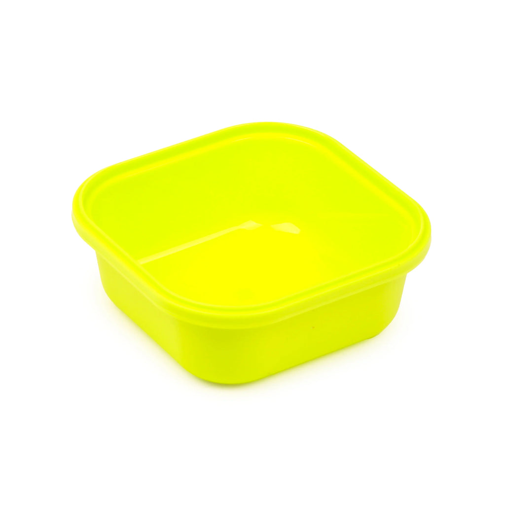 Angled view of an empty, lime green plastic snack lunch box base with rounded corners.
