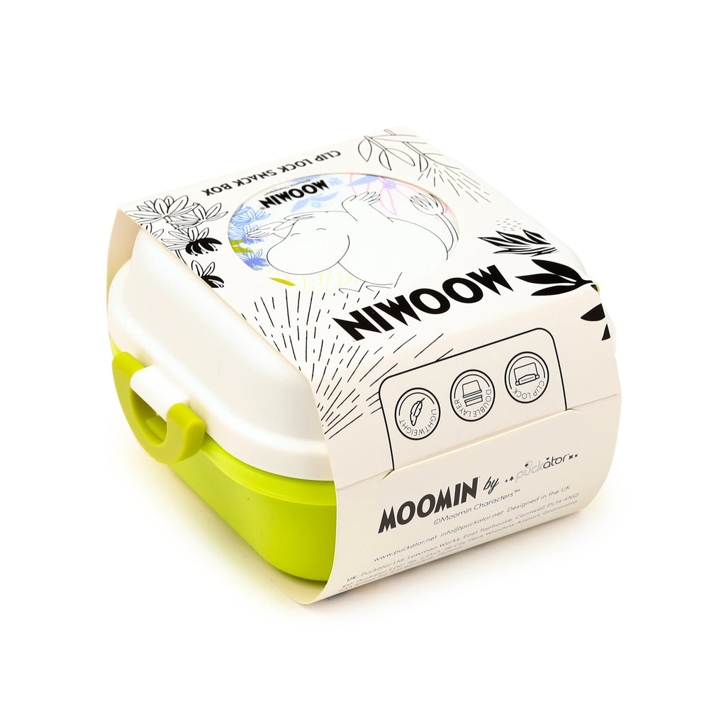 Angled view of a Moomin bento clip lock snack lunch box, featuring a white lid and a bright lime green base with a matching clip. The box is wrapped in white illustrative packaging, displaying a Moomin character on a pale blue and green floral background.