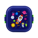 Dark blue bento clip lock snack lunch box, featuring the 'Space Cadets' design on its lid with a rocket, planets, astronauts, and aliens, and visible neon green side clips.