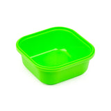 Bright green plastic snack lunch box base, angled view.