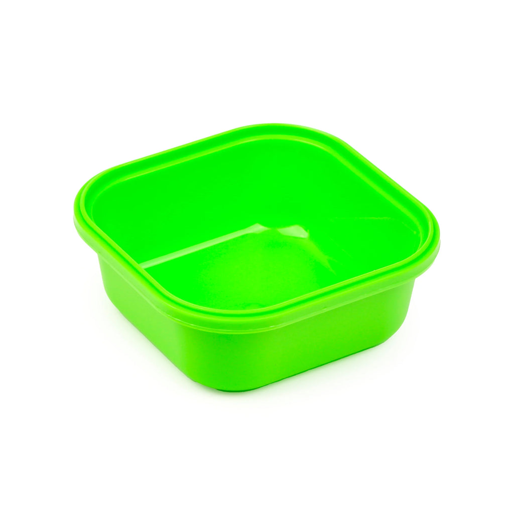 Bright green plastic snack lunch box base, angled view.
