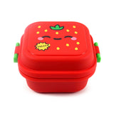 Front angled view of a red bento clip lock snack lunch box, depicting a smiling strawberry character on its lid with green leaves, yellow spots, and a 'FRESH' speech bubble, alongside green side clips.