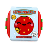 Front view of a red strawberry character bento clip lock snack lunch box, with green clip fasteners, presented in light blue packaging featuring 'Elidi' text.