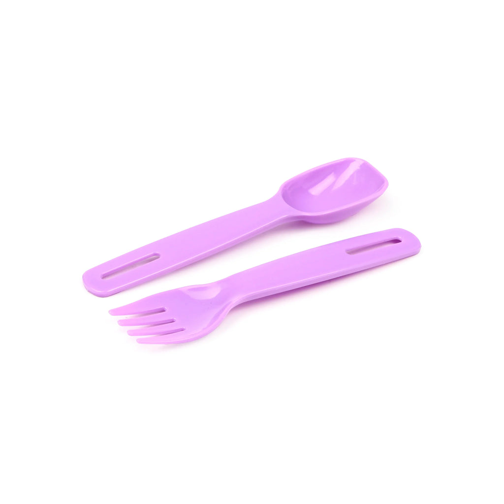 Angled view from above of a purple plastic spoon and matching fork with slotted handles.