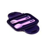 Angled view of an open plum-coloured bento clip lock lunch box with a light purple fork and spoon inside.