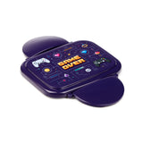 Angled overhead view of a deep purple bento clip-lock lunch box with a pixelated 'Game Over' design on its lid. The lid features various gaming elements, including controllers, hearts, and a 'high score' banner.