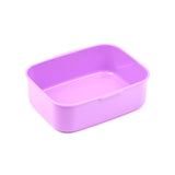 Angled view of an empty, light purple plastic bento clip lock lunch box base.