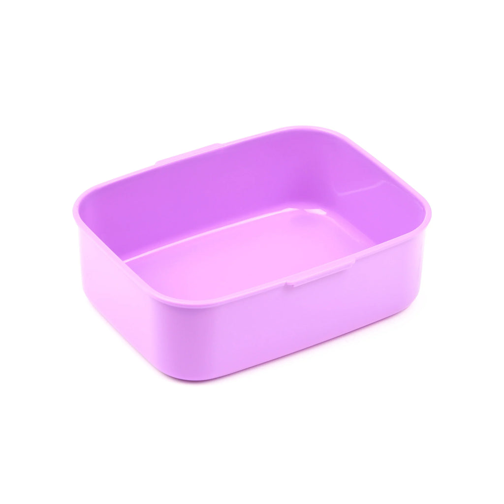 Angled view of an empty, light purple plastic bento clip lock lunch box base.