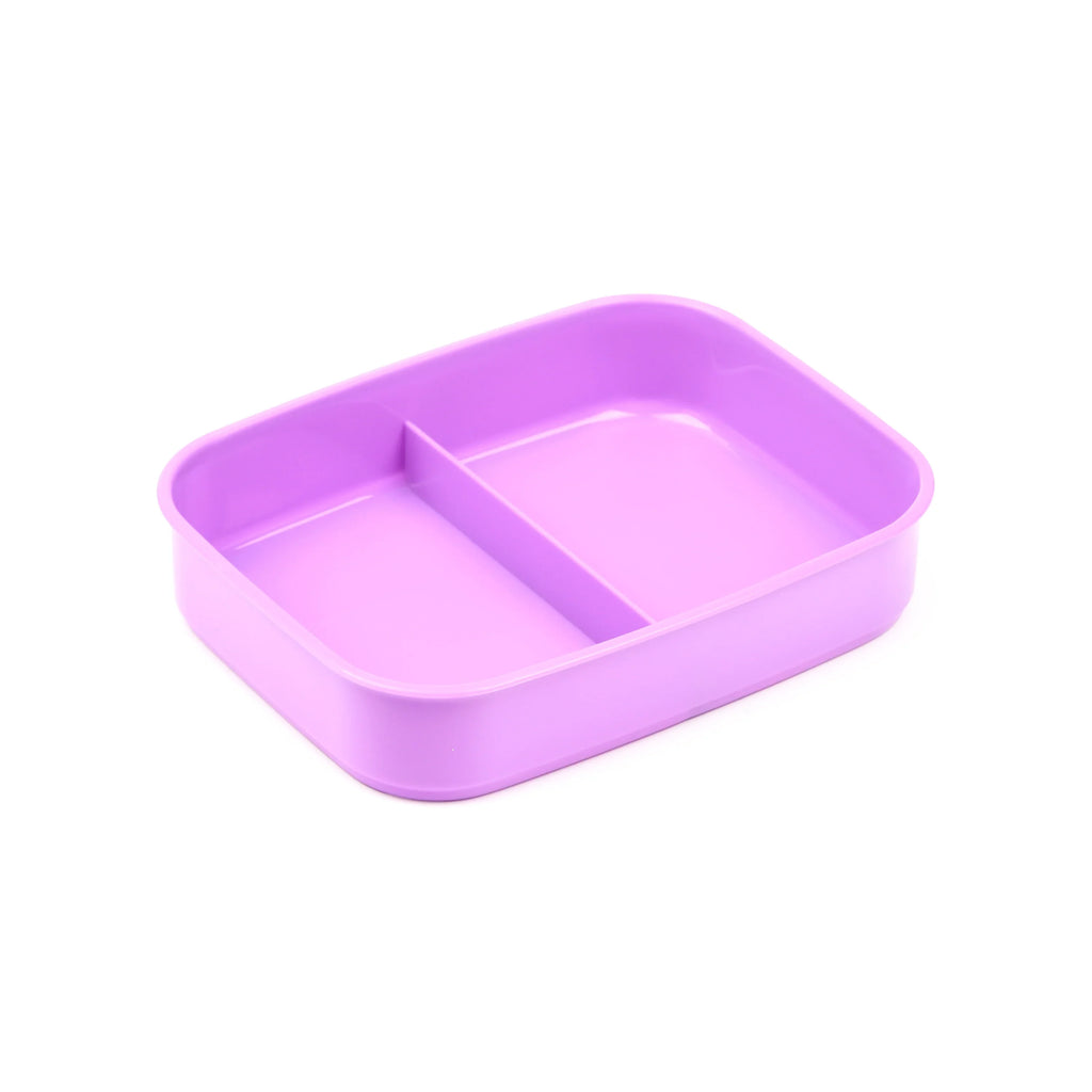 Angled view of a lilac bento lunch box base, with two compartments.