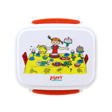 Front view of a white bento lunch box with orange clip locks, depicting a colourful illustration of Pippi Longstocking and a monkey enjoying sweet treats at a yellow table.