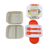 Overhead view of a white and orange clip lock bento lunch box, disassembled to show its inner cream compartments, an orange plastic fork and spoon, and the lid with a Pippi Longstocking character design.