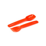 Angled view of an orange plastic spoon and fork on a white background.