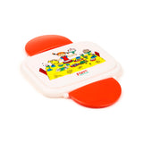 Angled view of a white bento clip lock lunch box with orange clips, displaying a colourful Pippi Longstocking illustration on the lid, featuring cakes and a monkey.