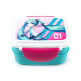 Front view of a teal and white bento clip lock lunch box. Its lid displays an illustration of Hatsune Miku with long teal pigtails against a pink and teal patterned background, and it features a fuchsia-coloured front clip.