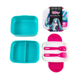 Multiple views of a Hatsune Miku bento clip lock lunch box with cutlery. Displays the white outer box with a Hatsune Miku character graphic on the lid and pink clip locks, an open view showing pink spoon and fork cutlery inside, and two separate turquoise inner trays, one plain and one divided.