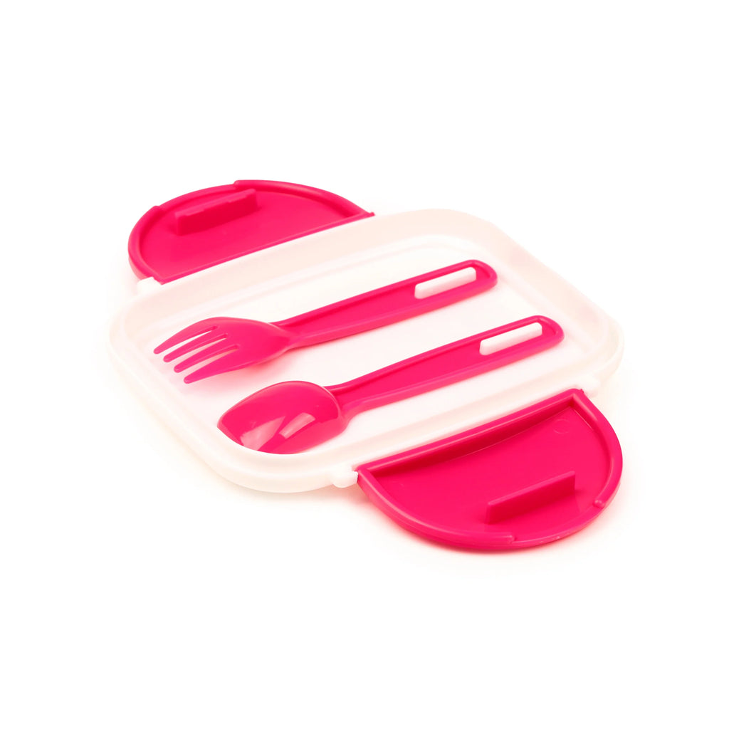 Angled view of an open white and fuchsia pink bento lunch box, showing a pink fork and spoon neatly placed inside.