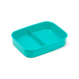 Angled view of a teal-coloured bento lunch box base featuring two internal compartments, on a white background.