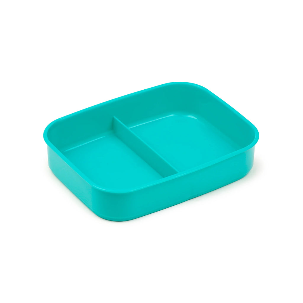 Angled view of a teal-coloured bento lunch box base featuring two internal compartments, on a white background.