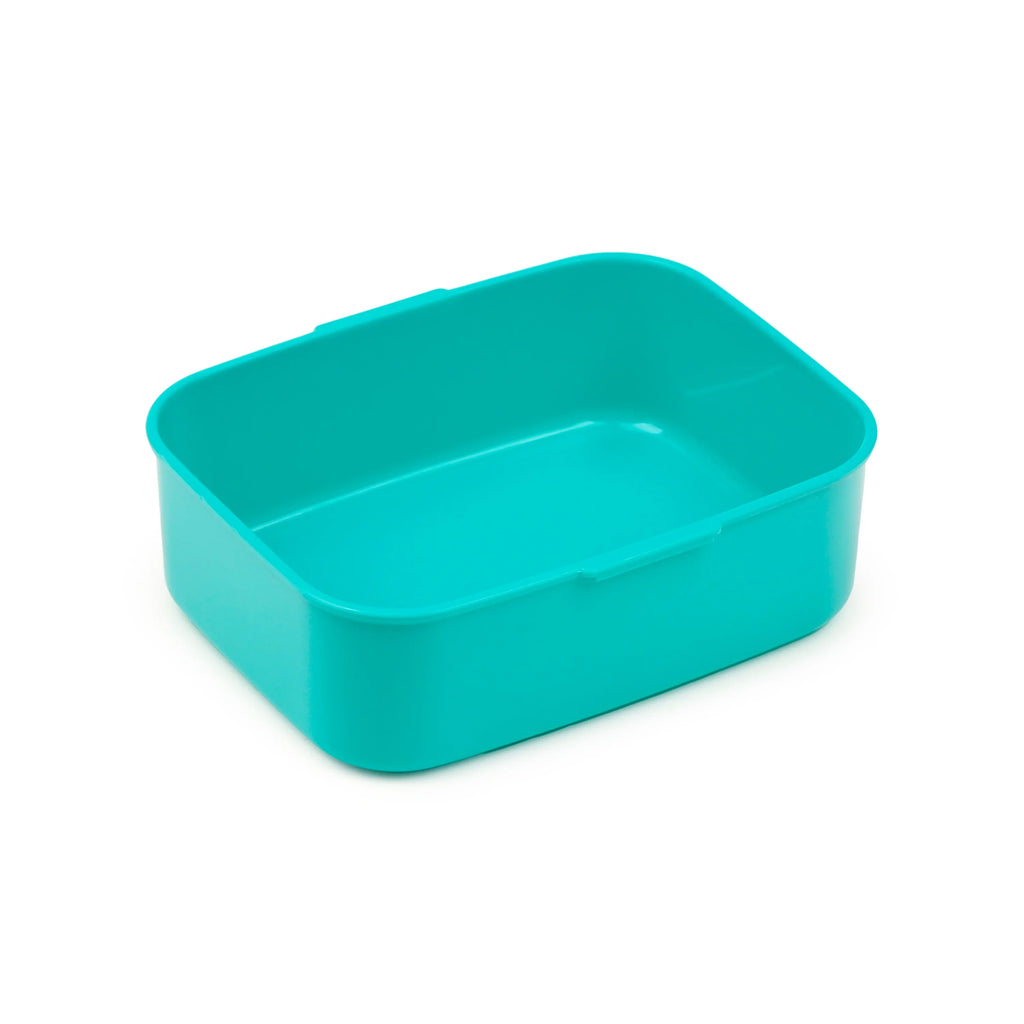 Angled view of an open teal rectangular lunch box base, showing its smooth interior and rounded corners.