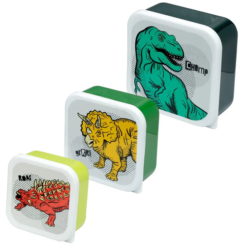 Angled view of a set of three Dinosauria lunch boxes in varying M, L, and XL sizes. The smallest, with a lime green base, features a red Ankylosaurus and 'ROAR!' on its white lid. The mid-sized box, with a dark green base, displays a yellow Triceratops and 'GRRR!'. The largest box, with a dark grey base, shows a teal T-Rex and 'CHOMP' on its white lid.