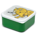 Angled view of a green lunch box with a white lid, featuring a yellow dinosaur graphic and 'grRRR!' text.